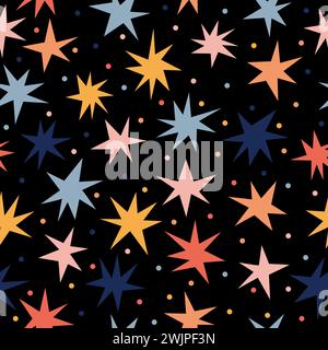 Scandinavian seamless pattern with hand drawn stars. Cute background with colored shooting stars. Vector illustration Stock Vector