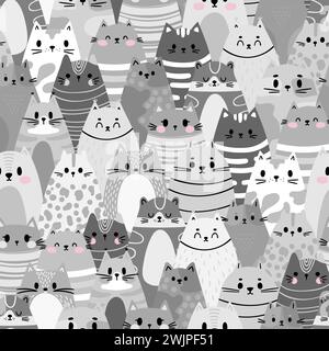 Cute seamless pattern with funny cats and kittens. Doodle characters. Grey. Design for printing. Vector illustration Stock Vector