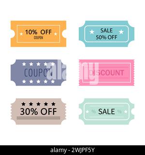 Set of tickets and coupons templates. Sale, discount, coupons with ruffle edges. Vector illustration Stock Vector