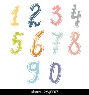 Set of hand drawn ten numbers from zero to nine. Numeral collection. Math. Vector illustration Stock Vector
