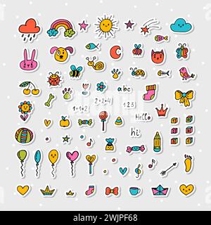 Collection of hand drawn stickers. Set of doodle design elements. Cute kids art. Drawings in child style. Vector illustration Stock Vector