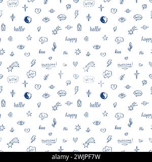 Abstract seamless pattern with doodle boho elements. Celestial sketch. Hand drawn background with old school tattoo design. Vector illustration Stock Vector