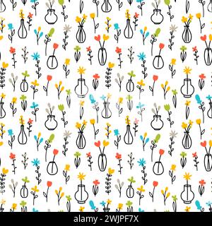 Cute floral seamless pattern. Scandinavian trendy print. Hand drawn botanical elements with vases. Background with flowers. Vector illustration Stock Vector