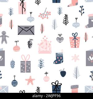 Christmas seamless pattern with toys and gifts. Happy New Year. Cartoon decoration. Vector illustration Stock Vector