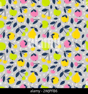 Seamless pattern with cartoon fruit. Juicy pears, cherries and apples. Fruit isolated on grey background. Vector illustration Stock Vector