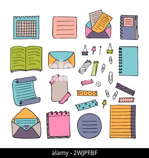 Hand drawn colored sheets of paper, documents, envelopes, notebook. Stationery. Blank notes. Vector illustration Stock Vector