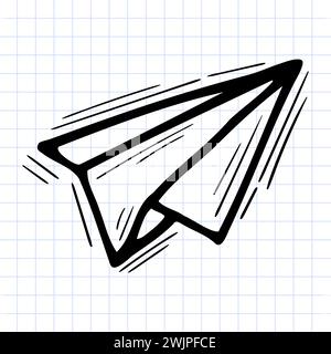 Hand drawn paper plane icon on checkered background. Sketch, doodle. Vector illustration Stock Vector