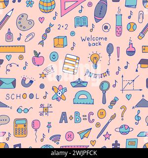 Hand drawn seamless pattern with school elements. Sketch. Welcome back. Back to school background. Vector illustration Stock Vector