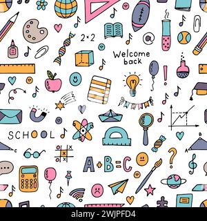 Seamless pattern with hand drawn school design elements. Back to school background. Welcome back. Vector illustration Stock Vector