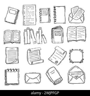 Hand drawn books, documents, notebook and sheets of paper. Sketch. Stationery. Vector illustration Stock Vector