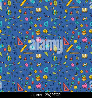 Hand drawn seamless pattern with school elements. Back to school background. Welcome back. Vector illustration Stock Vector