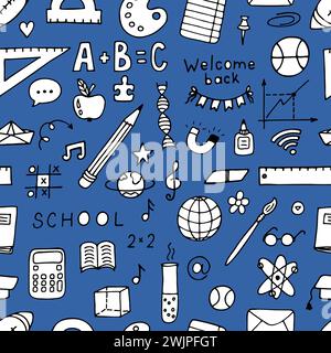 Hand drawn seamless pattern with school elements. Welcome back. Back to school background. Vector illustration Stock Vector