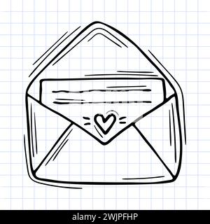 Hand drawn envelope with documents. Outline icon. Sketch style. Checkered background. Vector illustration Stock Vector
