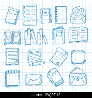 Hand drawn books, documents, notebook and sheets of paper. Blue ink, outline sketch style. Vector illustration Stock Vector