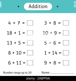 Addition. Number range up to 20. Math worksheet for kids. Solve examples and write. Developing numeracy skills. Mathematics. Vector illustration Stock Vector