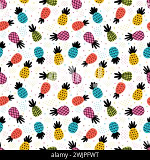 Seamless pattern with colored pineapples. Food. Cute summer background with tropical fruit. Vector illustration Stock Vector