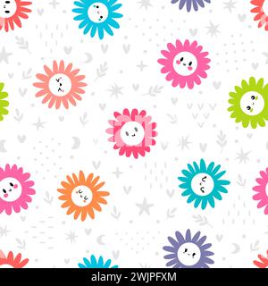 Cute seamless pattern with colored daisies. Floral print with chamomile. Great for fabric, wrapping paper, textile. Vector illustration Stock Vector