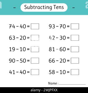Subtracting Tens. Math worksheets for kids. Mathematics. Development of logical thinking. School education. Vector illustration Stock Vector