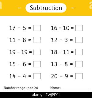 Subtraction. Number range up to 20. Math worksheet for kids. Mathematics. Solve examples and write. Developing numeracy skills. Vector illustration Stock Vector