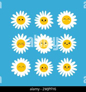 Chamomile emojis. Daisy flower. Kawaii set of cute characters. Emotion collection. Vector illustration Stock Vector