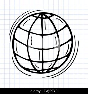 Hand drawn globe, earth model icon on checkered background. Office supplies doodle. Vector illustration Stock Vector