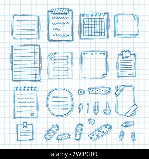 Hand drawn books, notebook, documents and sheets of paper. Blue ink, outline sketch style. Vector illustration Stock Vector