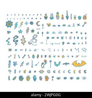 Witchcraft doodle set. Sketch magician symbols. Hand drawn collection halloween and magic elements. Vector illustration Stock Vector