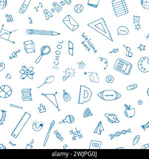 Hand drawn seamless pattern with school elements. Sketch, doodle. Back to school background. Vector illustration Stock Vector