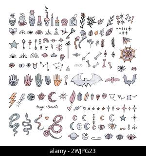 Witchcraft doodle set. Hand drawn collection halloween and magic elements. Sketch magician symbols. Vector illustration Stock Vector