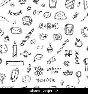 Seamless pattern with hand drawn educational school elements. Back to school collection. Welcome back. Vector illustration Stock Vector