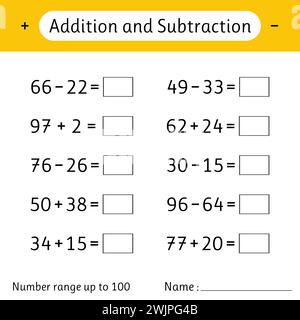Addition and Subtraction. Number range up to 100. Math worksheet for kids. Solve examples. Developing numeracy skills. Mathematics. Vector illustratio Stock Vector