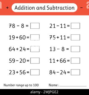 Addition and Subtraction. Number range up to 100. Mathematics. Math worksheet for kids. Solve examples. Developing numeracy skills. Vector illustratio Stock Vector