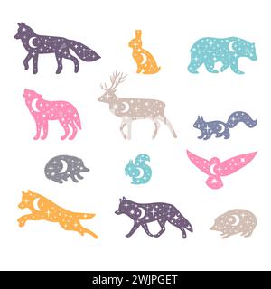 Celestial forest animals. Hand drawn silhouettes. Wild woodland animals. Universe. Vector illustration Stock Vector