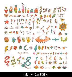 Mystical hand drawn elements. Doodle style. Halloween. Magic, witchcraft, esoteric icons set. Vector illustration Stock Vector