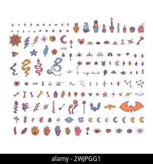 Magical witch set. Hand drawn, doodle, sketch magician collection. Happy Halloween. Vector illustration Stock Vector
