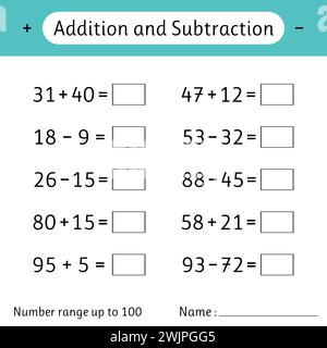 Addition and Subtraction. Number range up to 100. Math worksheet for kids. Solve examples. Mathematics. Developing numeracy skills. Vector illustratio Stock Vector
