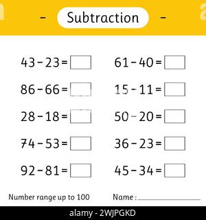 Subtraction. Number range up to 100. Math worksheet for kids. Developing numeracy skills. Solve examples. Mathematics. Vector illustration Stock Vector
