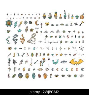 Big set of hand drawn magic elements. Esoteric concept. Magical witch collection. Boho style. Vector illustration Stock Vector