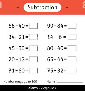 Subtraction. Number range up to 100. Mathematics. Math worksheet for kids. Solve examples. Developing numeracy skills. Vector illustration Stock Vector