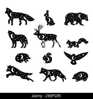 Celestial forest animals. Hand drawn silhouettes. Wild woodland animals. Stars, moon, universe. Vector illustration Stock Vector