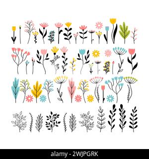 Big set of hand drawn flowers. Floral collection. Doodle style. Cute sketch for bouquet. Vector illustration Stock Vector