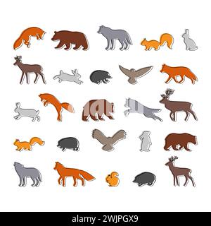 Forest animals. Hand drawn silhouettes. Outline wild woodland animals. Bear, deer, wolf, fox, owl, hedgehog, squirrel, hare. Vector illustration Stock Vector
