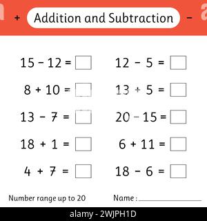 Addition and Subtraction. Number range up to 20. Math worksheet for kids. Solve examples and write. Numeracy skills. Mathematics. Vector illustration Stock Vector