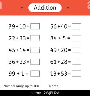 Addition. Number range up to 100. Math worksheet for kids. Developing numeracy skills. Solve examples and write. Mathematics. Vector illustration Stock Vector