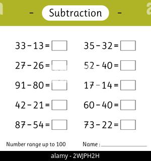 Subtraction. Number range up to 100. Math worksheet for kids. Mathematics. Solve examples and write. Developing numeracy skills. Vector illustration Stock Vector