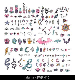 Mystical hand drawn elements. Doodle style. Magic, witchcraft, esoteric icons set. Halloween. Vector illustration Stock Vector