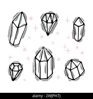 Hand drawn crystals, gems and quartz stones. Mineral elements. Natural gem. Vector illustration Stock Vector