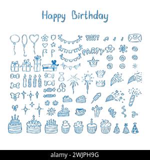 Set of hand drawn birthday party design elements. Happy Birthday. Balloons, cakes, cupcakes, gifts, candles, bows and festive attributes. Vector illus Stock Vector