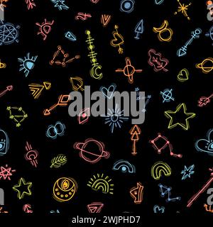 Seamless pattern with hand drawn magic witch elements. Tattoo. Ethnic style. Tribal background. Vector illustration Stock Vector