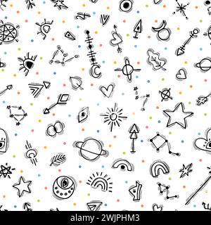Cute seamless pattern with hand drawn boho elements. Ethnic style. Tribal background. Magic. Vector illustration Stock Vector